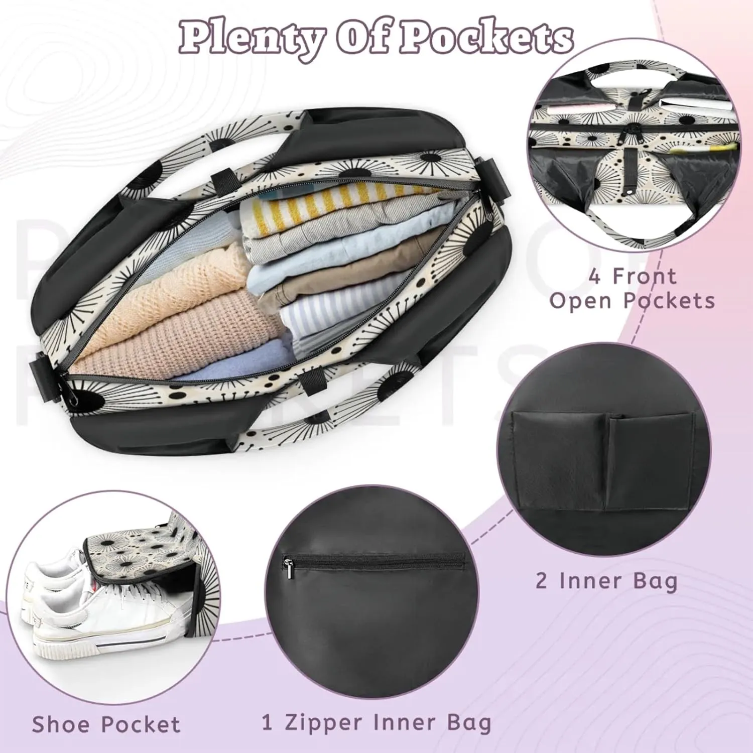 Black White Sunburst Waterproof Gym Bag for Men Women, Sports Duffel Bag with Shoe Compartment Yoga Mat Holder, Portable Large Travel Bag for Fitness, Camping, Weekend Trips