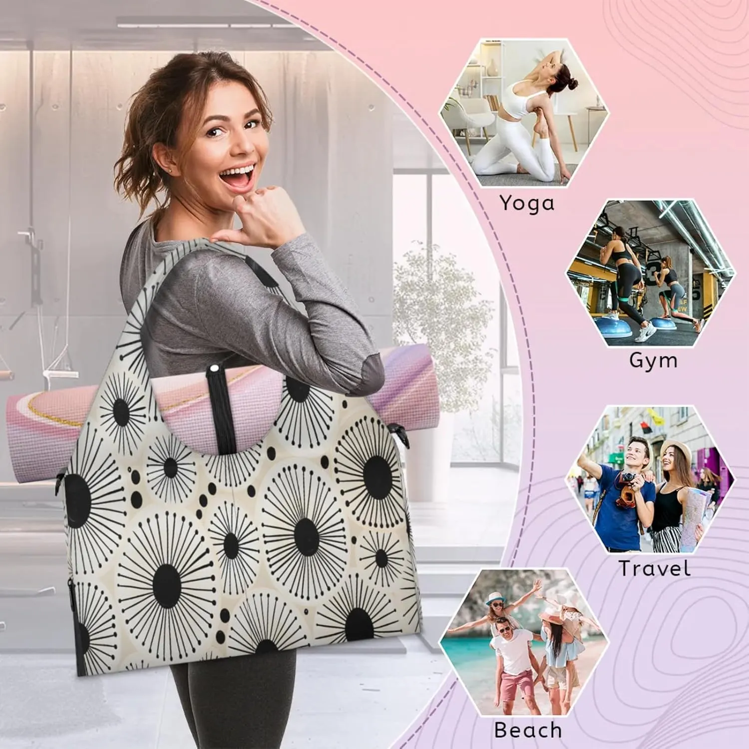 Black White Sunburst Waterproof Gym Bag for Men Women, Sports Duffel Bag with Shoe Compartment Yoga Mat Holder, Portable Large Travel Bag for Fitness, Camping, Weekend Trips