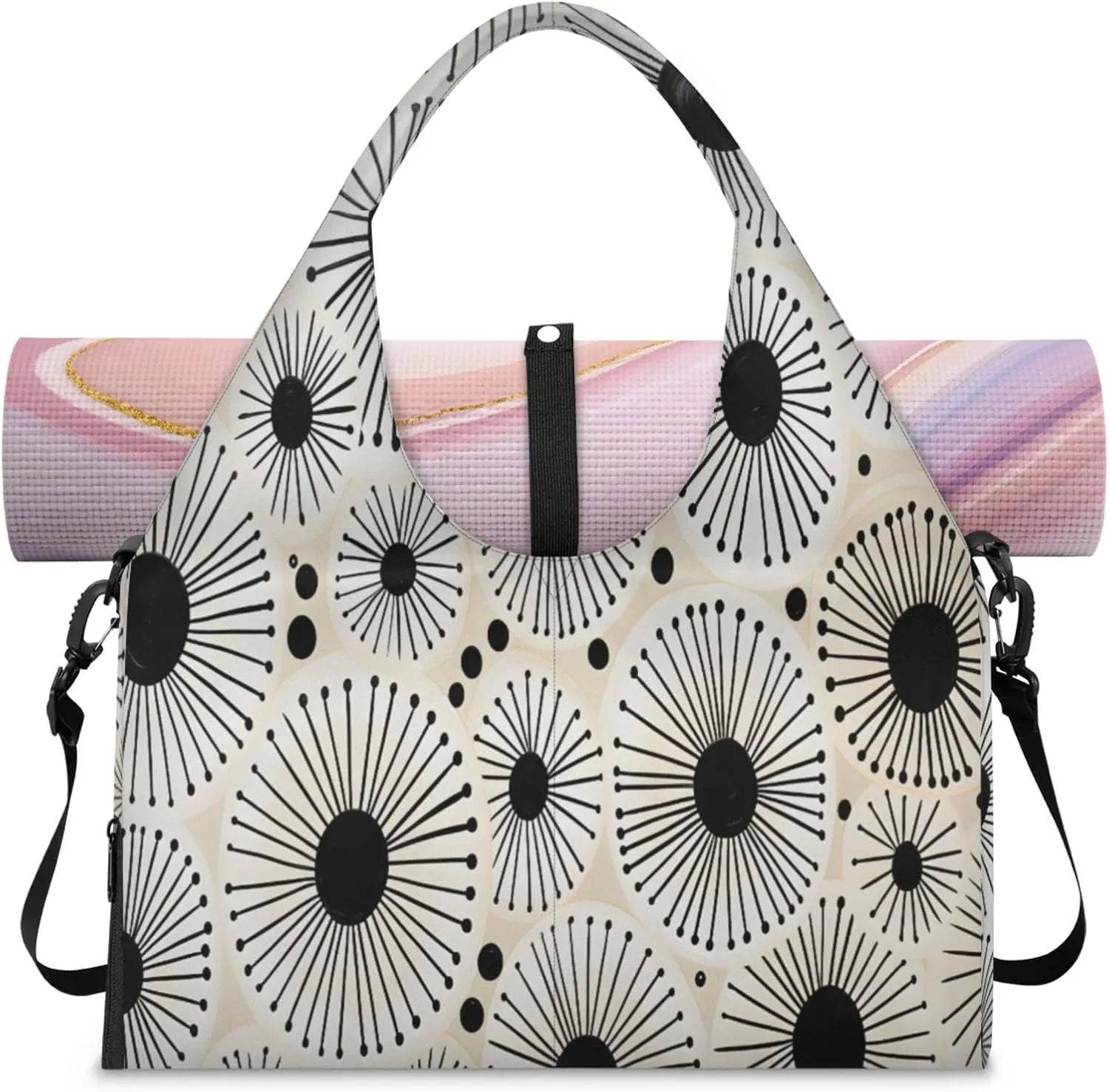 Black White Sunburst Waterproof Gym Bag for Men Women, Sports Duffel Bag with Shoe Compartment Yoga Mat Holder, Portable Large Travel Bag for Fitness, Camping, Weekend Trips