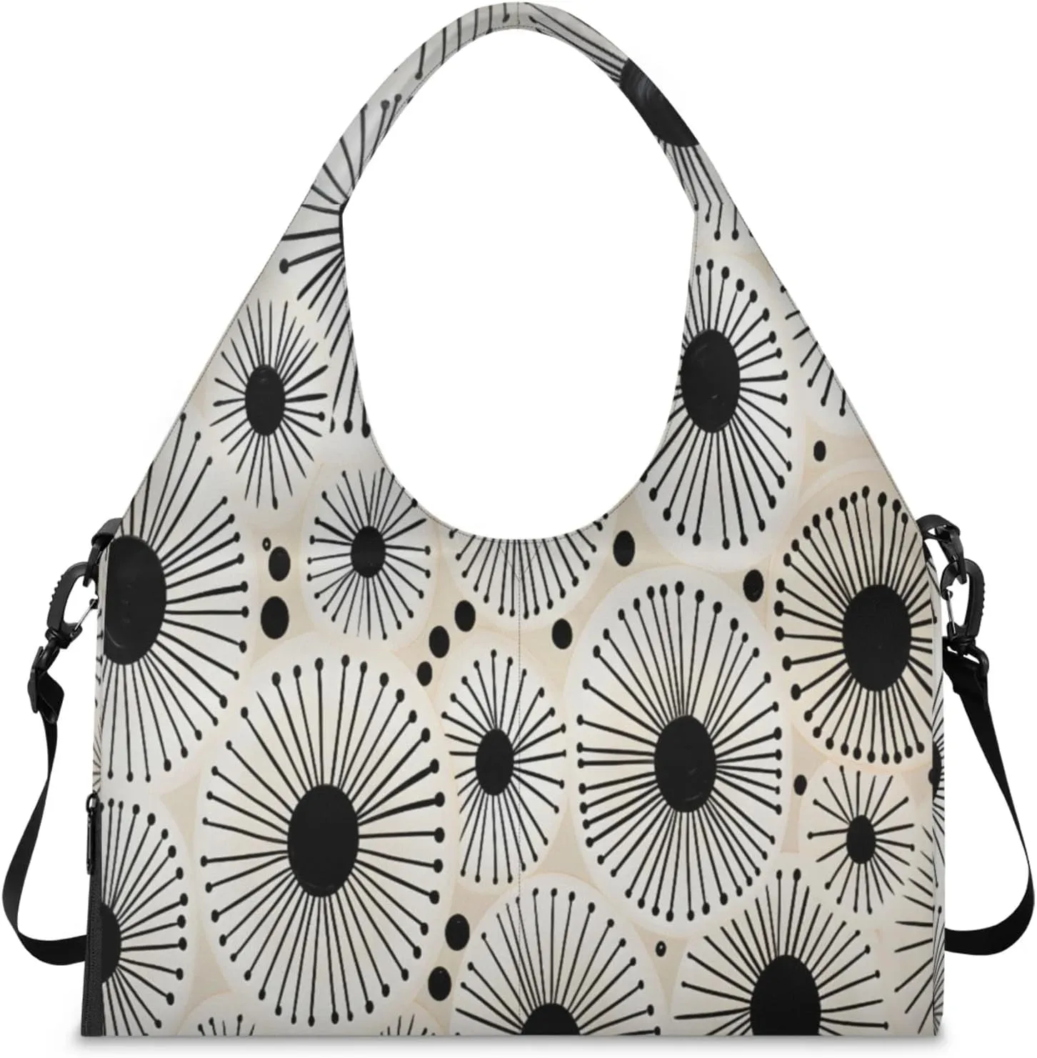 Black White Sunburst Waterproof Gym Bag for Men Women, Sports Duffel Bag with Shoe Compartment Yoga Mat Holder, Portable Large Travel Bag for Fitness, Camping, Weekend Trips