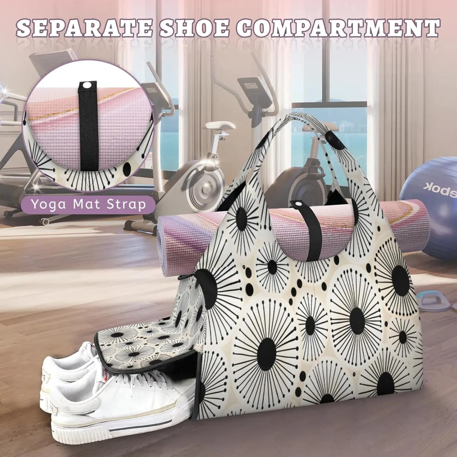 Black White Sunburst Waterproof Gym Bag for Men Women, Sports Duffel Bag with Shoe Compartment Yoga Mat Holder, Portable Large Travel Bag for Fitness, Camping, Weekend Trips