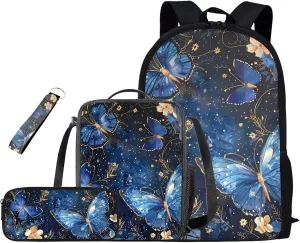 Blue Butterfly Girls Bookbag and Lunch Box Set 17 inch Cute Kindergarten Backpacks Supplies Essentials 4 pcs Aesthetic Bookbag Storing The Majority of Gear Books and Notebooks