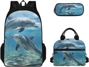 Blue Dolphins Gym Sports Hiking Shoulder Backpack for Girls＆Boys Travel School Bag Insulated Lunch Handbag Pencil Pouch 3 in 1 Bookbag Set,Back-to-school Gifts for Children