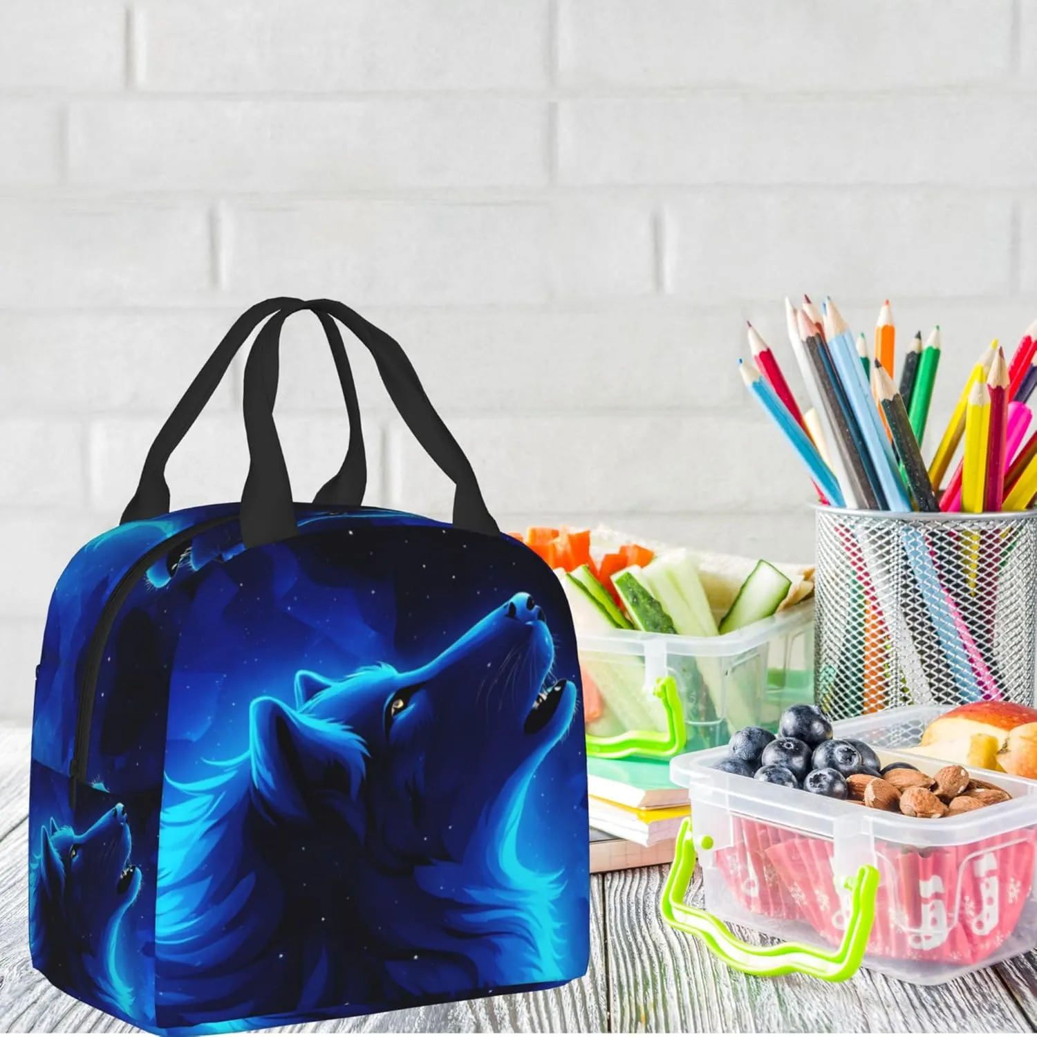 Blue Galaxy Wolf Lunch Box Insulated Meal Bag Lunch Bag Reusable Snack Bag Food Container For Boys Girls Men Women School Work Travel Picnic