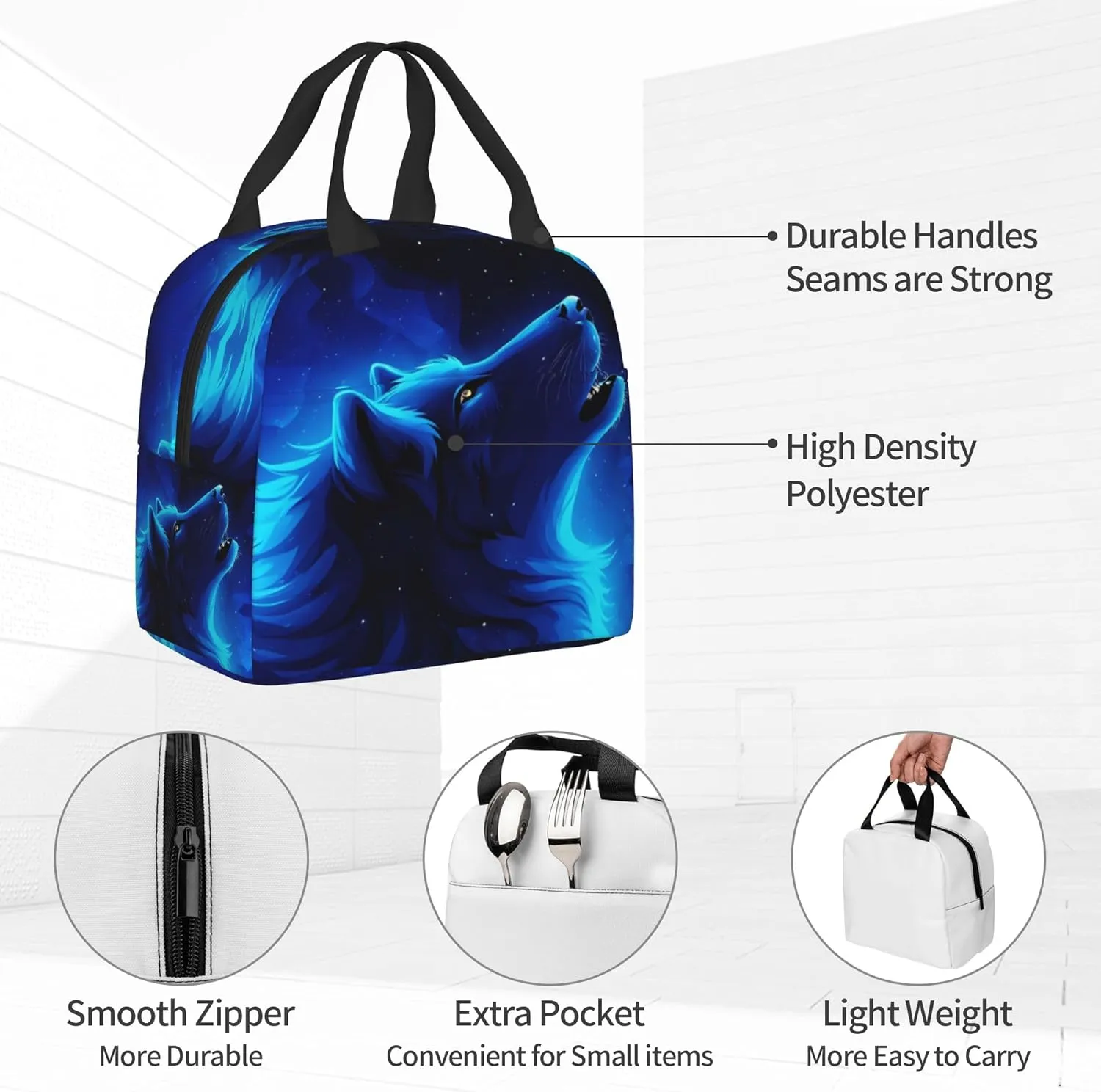 Blue Galaxy Wolf Lunch Box Insulated Meal Bag Lunch Bag Reusable Snack Bag Food Container For Boys Girls Men Women School Work Travel Picnic