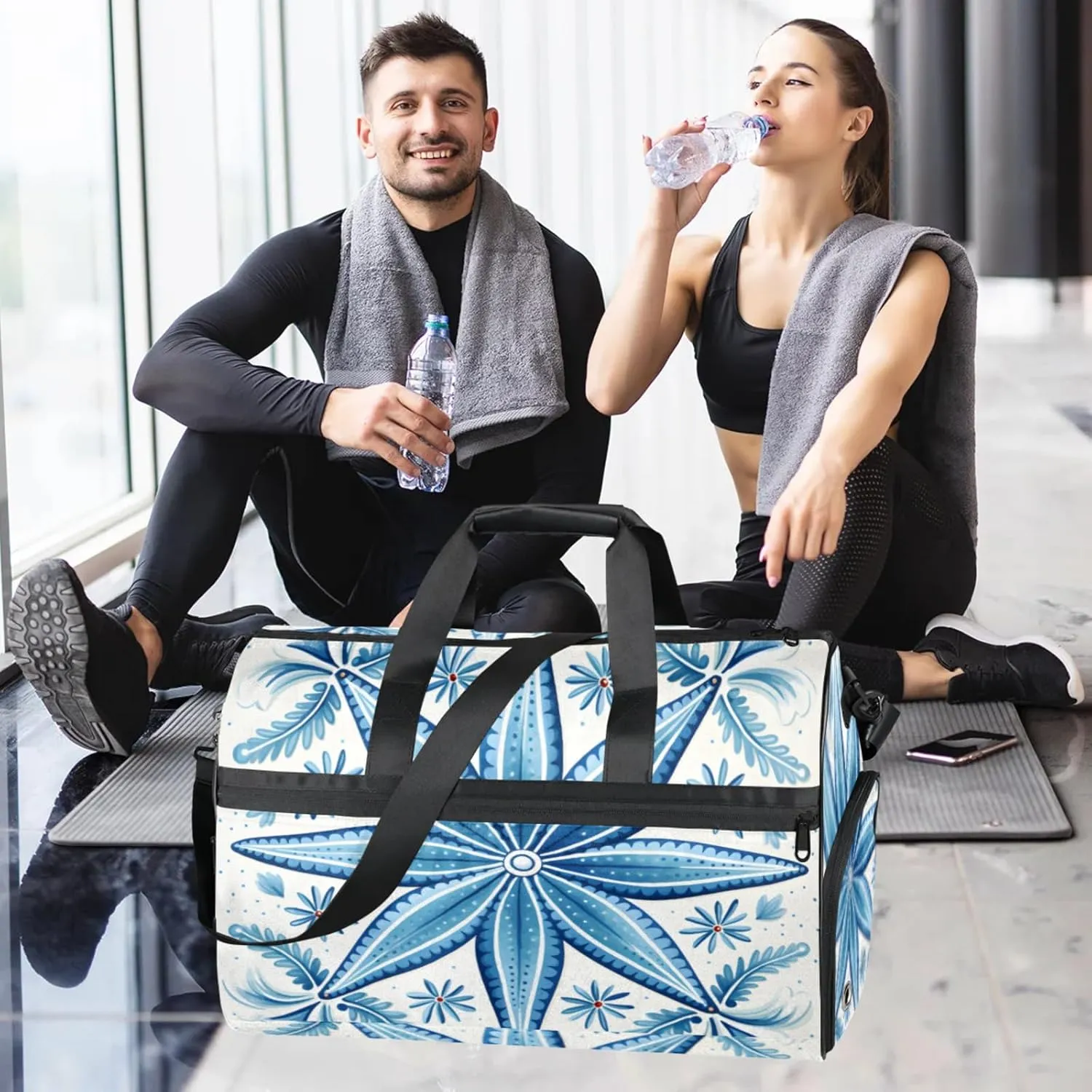 Blue Gym Bag for Men- 43L large Duffle Bag for Travel, Abstract Travel Bag with Shoe Compartment-Personal Item Travel Bag Weekender Bags for Women