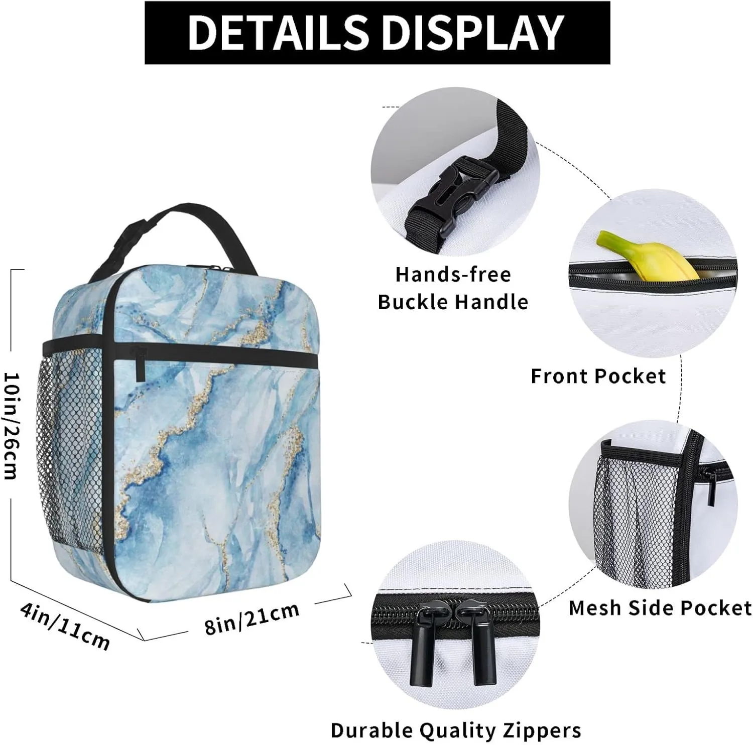 Blue Marble With Gold Glitter Marbling Texture Lunch Bag Insulated Portable Reusable Lunch Box With Zipper For Picnic Work Office Travel School