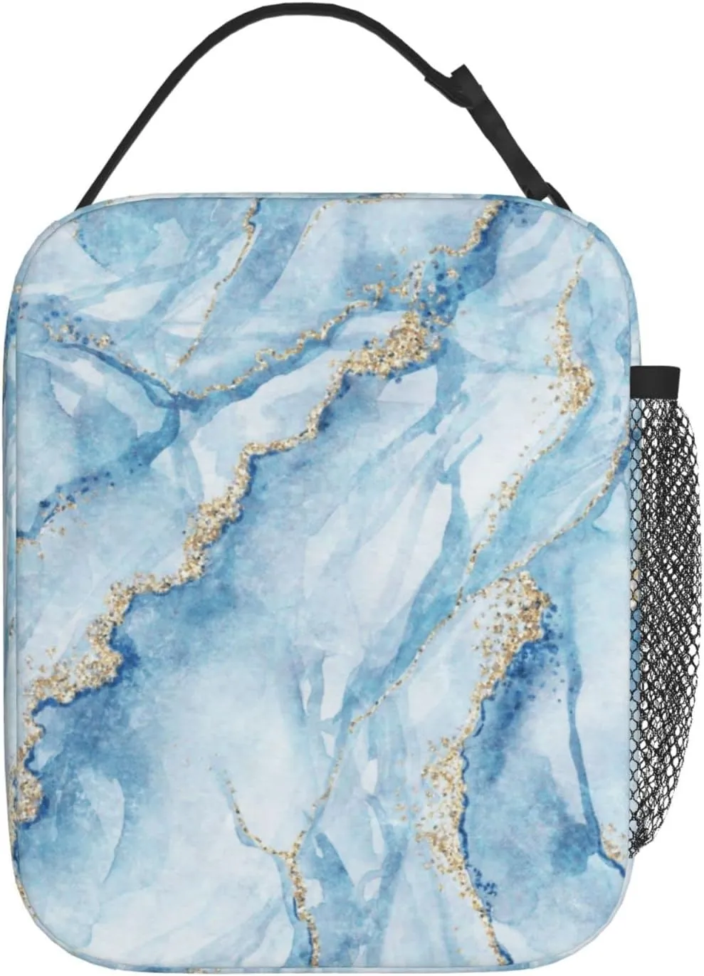 Blue Marble With Gold Glitter Marbling Texture Lunch Bag Insulated Portable Reusable Lunch Box With Zipper For Picnic Work Office Travel School