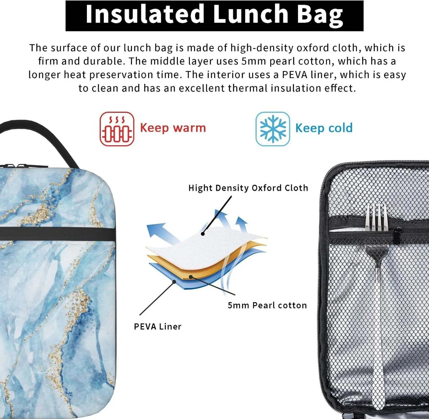 Blue Marble With Gold Glitter Marbling Texture Lunch Bag Insulated Portable Reusable Lunch Box With Zipper For Picnic Work Office Travel School