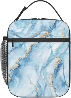 Blue Marble With Gold Glitter Marbling Texture Lunch Bag Insulated Portable Reusable Lunch Box With Zipper For Picnic Work Office Travel School