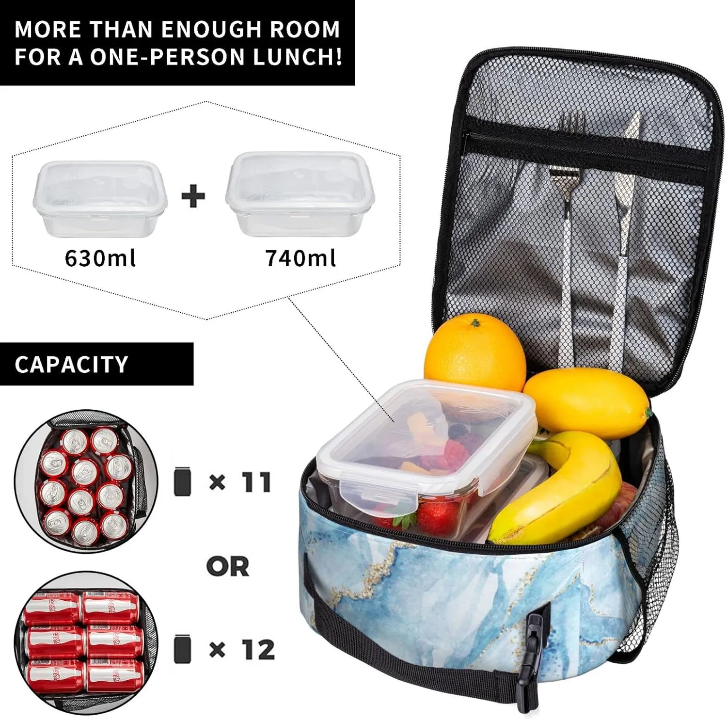 Blue Marble With Gold Glitter Marbling Texture Lunch Bag Insulated Portable Reusable Lunch Box With Zipper For Picnic Work Office Travel School