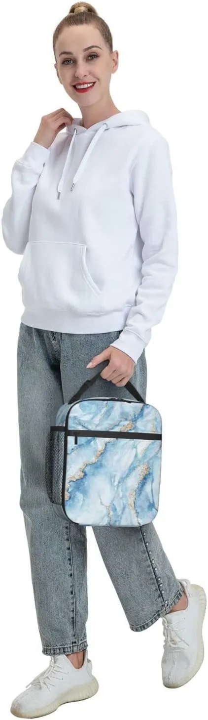 Blue Marble With Gold Glitter Marbling Texture Lunch Bag Insulated Portable Reusable Lunch Box With Zipper For Picnic Work Office Travel School