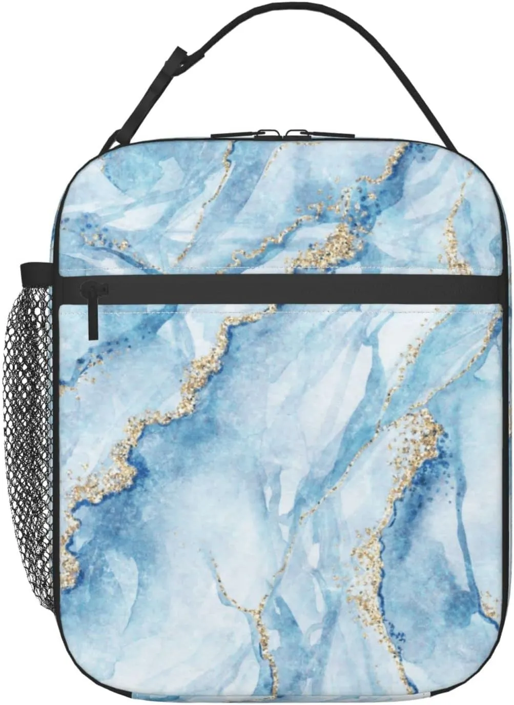 Blue Marble With Gold Glitter Marbling Texture Lunch Bag Insulated Portable Reusable Lunch Box With Zipper For Picnic Work Office Travel School
