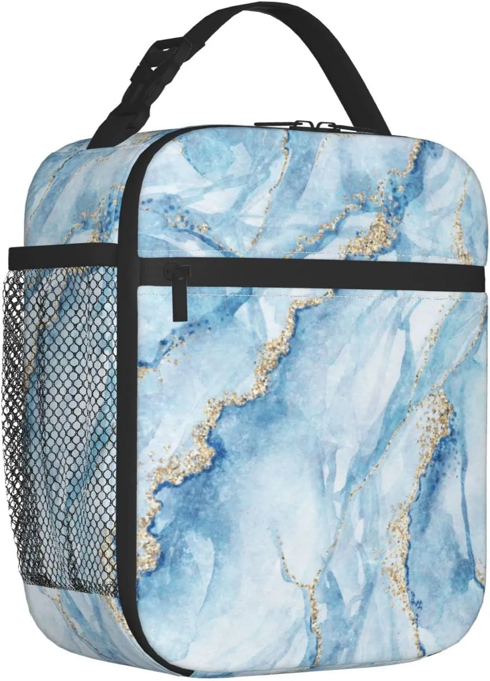 Blue Marble With Gold Glitter Marbling Texture Lunch Bag Insulated Portable Reusable Lunch Box With Zipper For Picnic Work Office Travel School