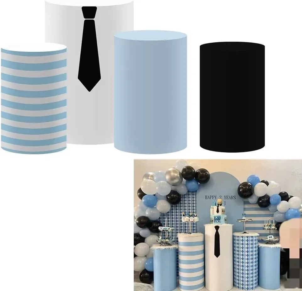 Blue Stripes Cylinder Covers for Boss Boys Birthday Parties Pedestal Plinth Stretchy Fabric Cover Kids Baby Shower Banquets Birthday Tablecloth Party Decorations 16''36''