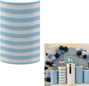 Blue Stripes Cylinder Covers for Boss Boys Birthday Parties Pedestal Plinth Stretchy Fabric Cover Kids Baby Shower Banquets Birthday Tablecloth Party Decorations 16''36''