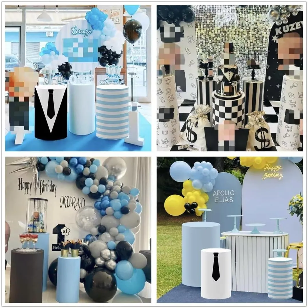 Blue Stripes Cylinder Covers for Boss Boys Birthday Parties Pedestal Plinth Stretchy Fabric Cover Kids Baby Shower Banquets Birthday Tablecloth Party Decorations 16''36''