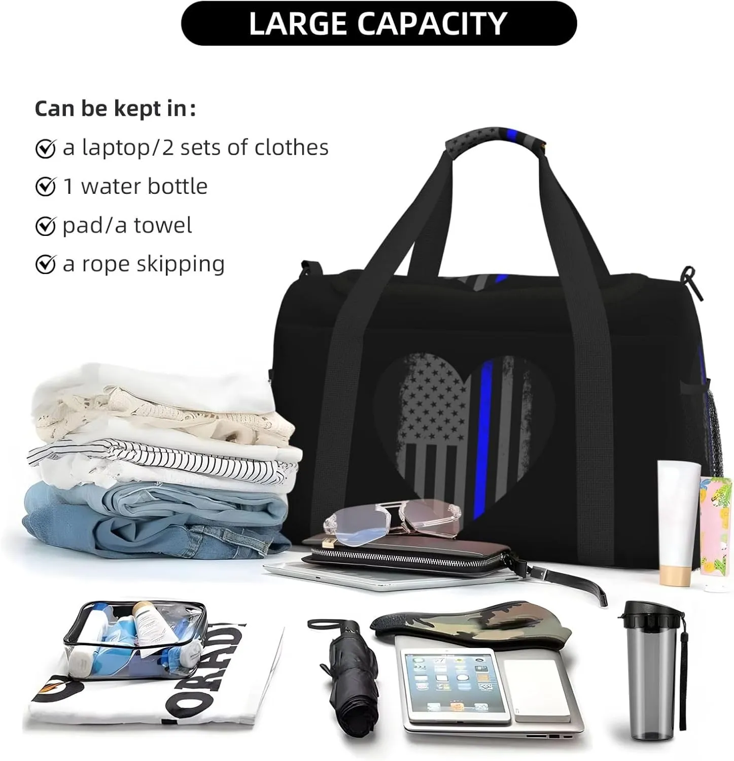 Blue Thin Line American Flag Travel Duffel Bag Large Foldable Waterproof Overnight Bag For Beach Swim Bags Pool Sports Gym