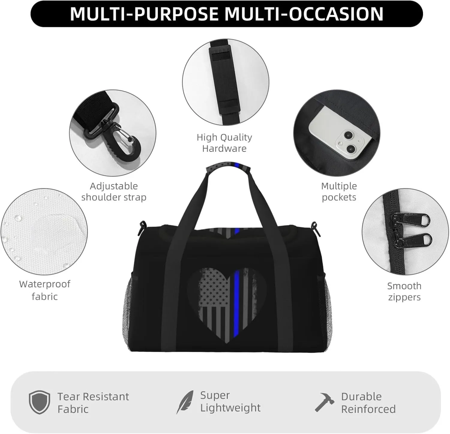Blue Thin Line American Flag Travel Duffel Bag Large Foldable Waterproof Overnight Bag For Beach Swim Bags Pool Sports Gym