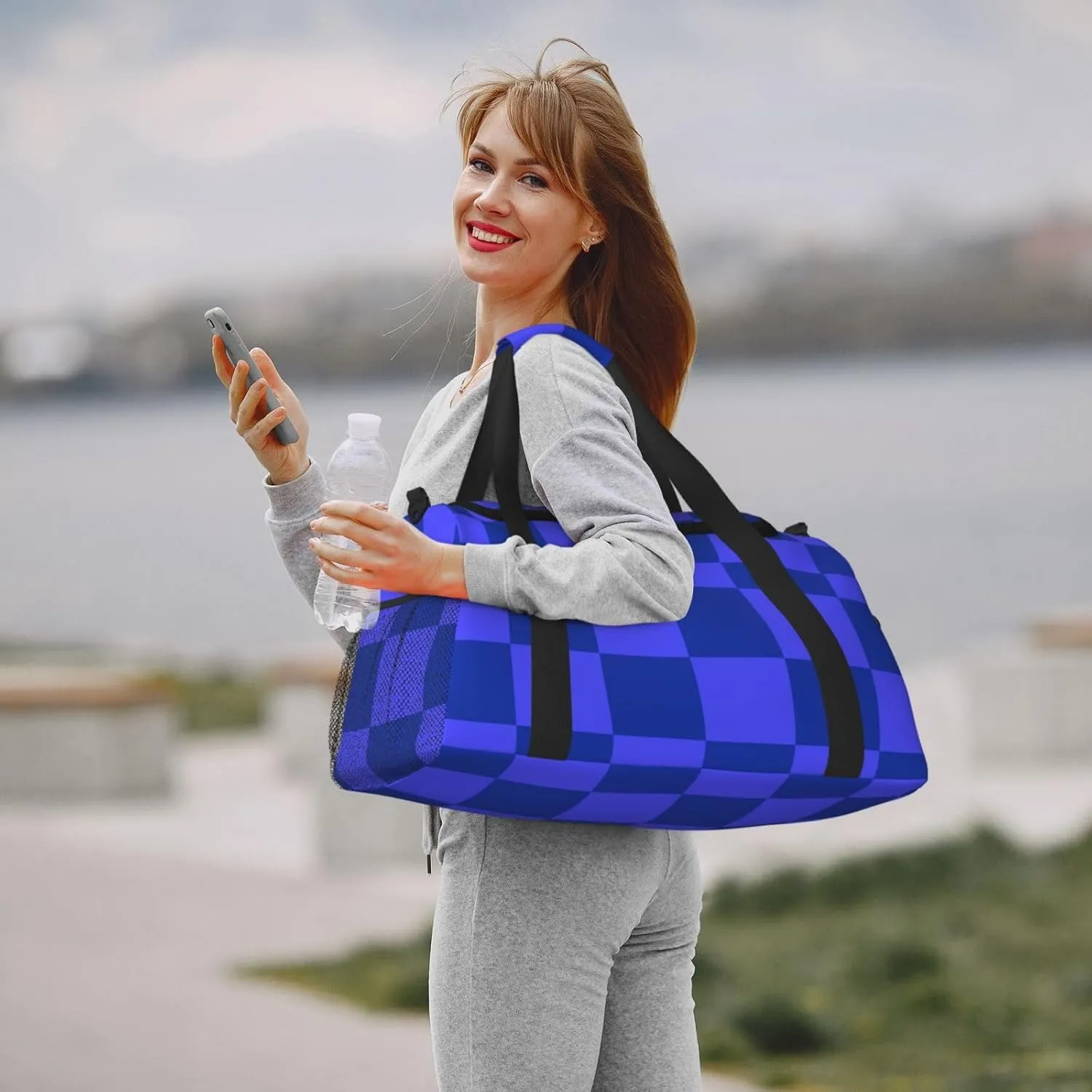 Blue Thin Line Grid Travel Duffel Bag Large Foldable Waterproof Overnight Bag For Beach Swim Bags Pool Sports Gym