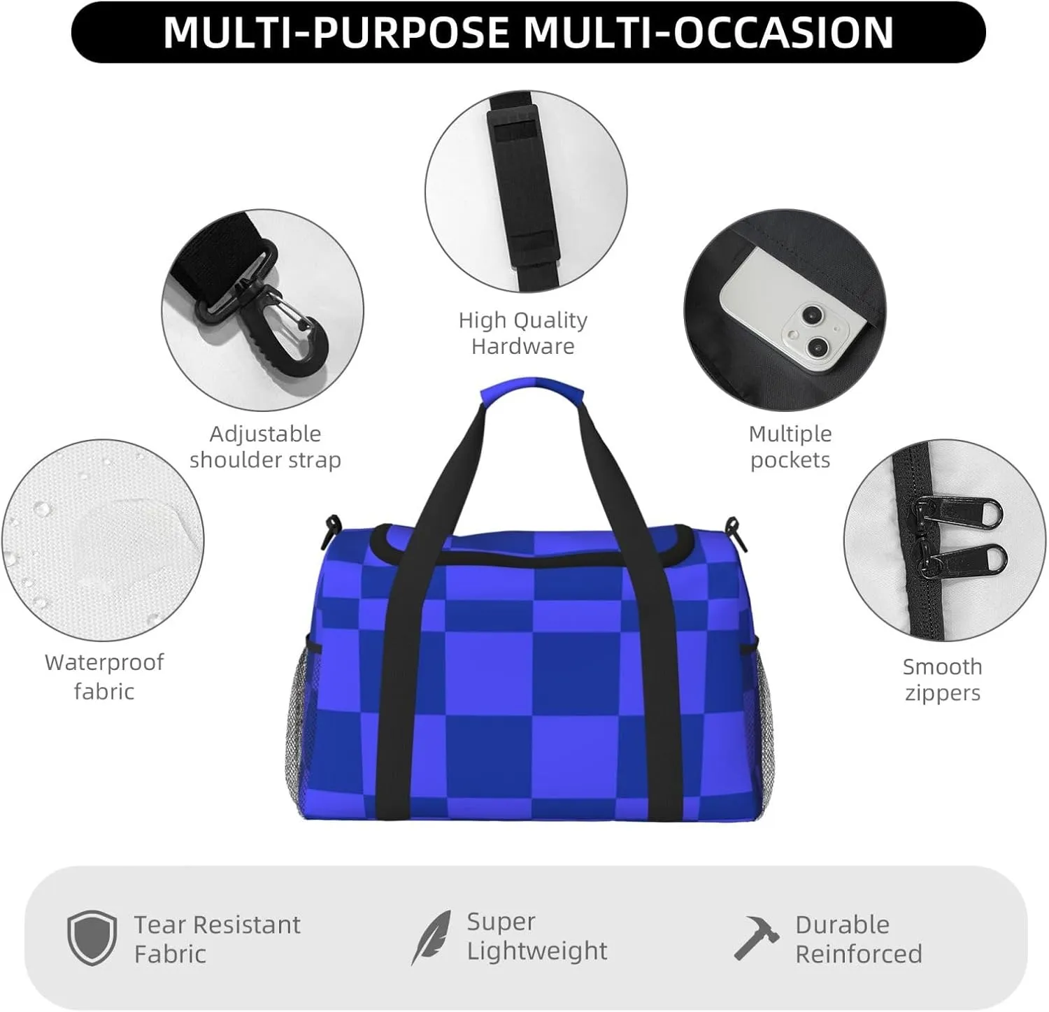 Blue Thin Line Grid Travel Duffel Bag Large Foldable Waterproof Overnight Bag For Beach Swim Bags Pool Sports Gym