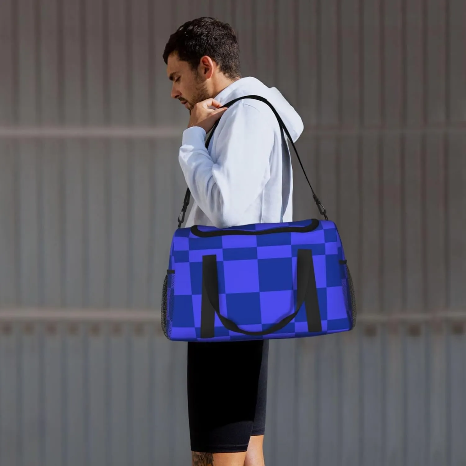 Blue Thin Line Grid Travel Duffel Bag Large Foldable Waterproof Overnight Bag For Beach Swim Bags Pool Sports Gym