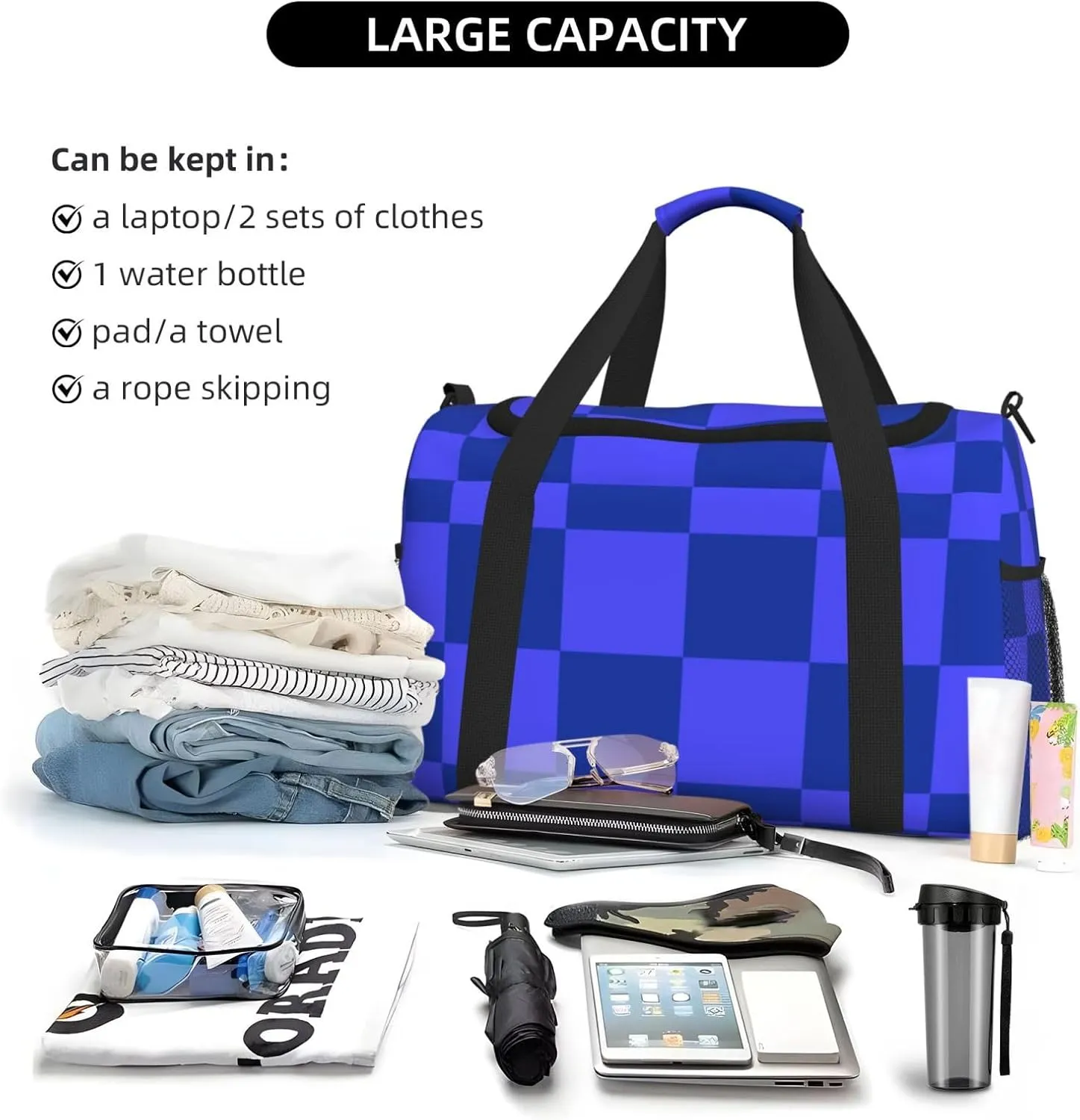 Blue Thin Line Grid Travel Duffel Bag Large Foldable Waterproof Overnight Bag For Beach Swim Bags Pool Sports Gym