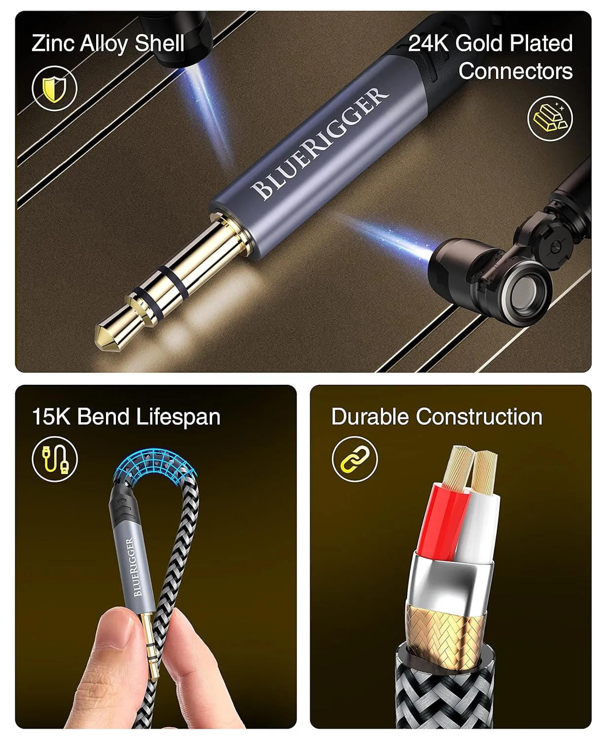 BlueRigger 3.5mm Stereo Audio Cable (30FT, 24K Gold Plated Jack, Auxiliary Cable, Male to Male, Hi-Fi Sound) – Aux Cord for Headphones, Home Car Stereo, Speaker, Amplifier, Phones, Tablets, Laptops