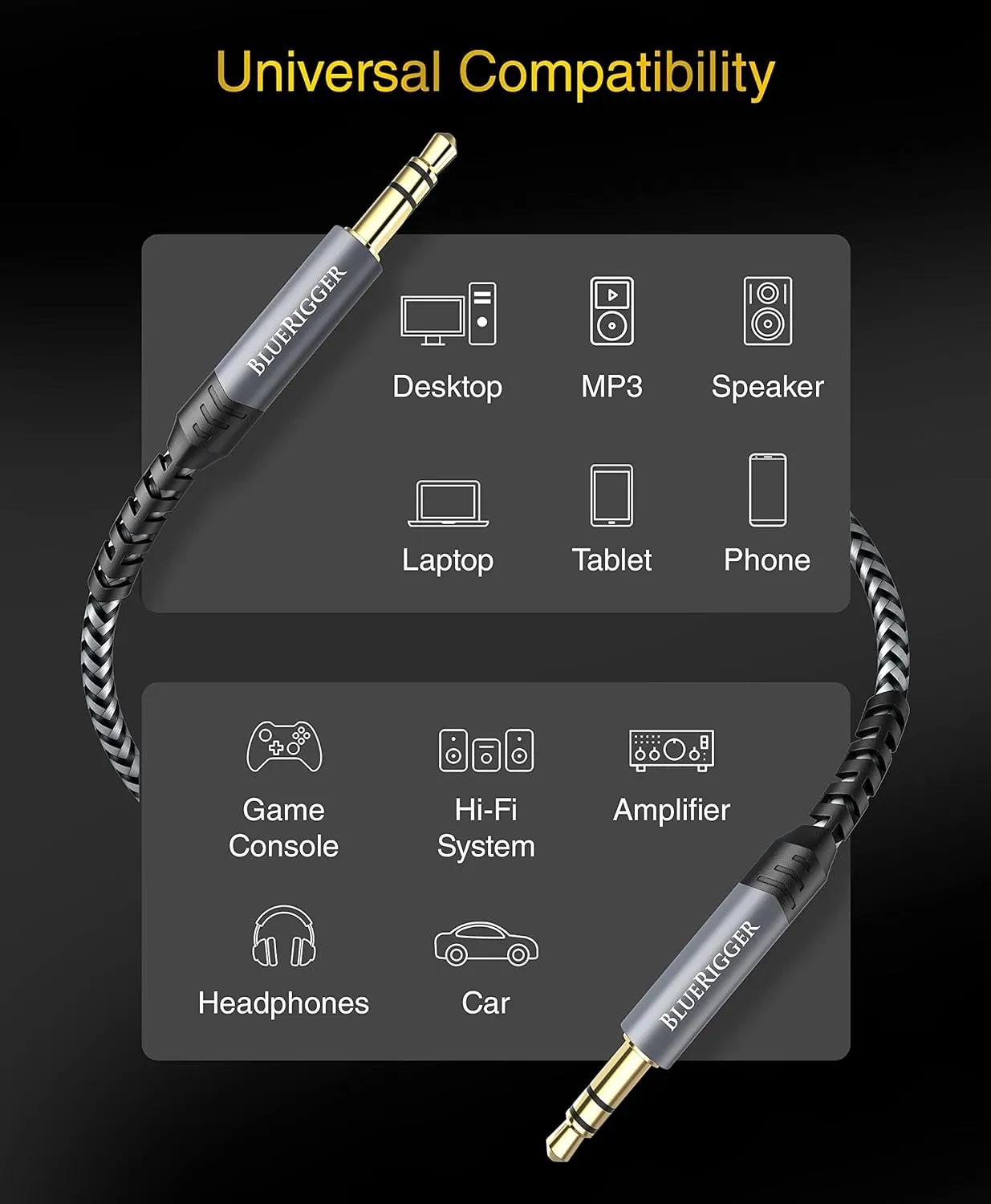 BlueRigger 3.5mm Stereo Audio Cable (30FT, 24K Gold Plated Jack, Auxiliary Cable, Male to Male, Hi-Fi Sound) – Aux Cord for Headphones, Home Car Stereo, Speaker, Amplifier, Phones, Tablets, Laptops