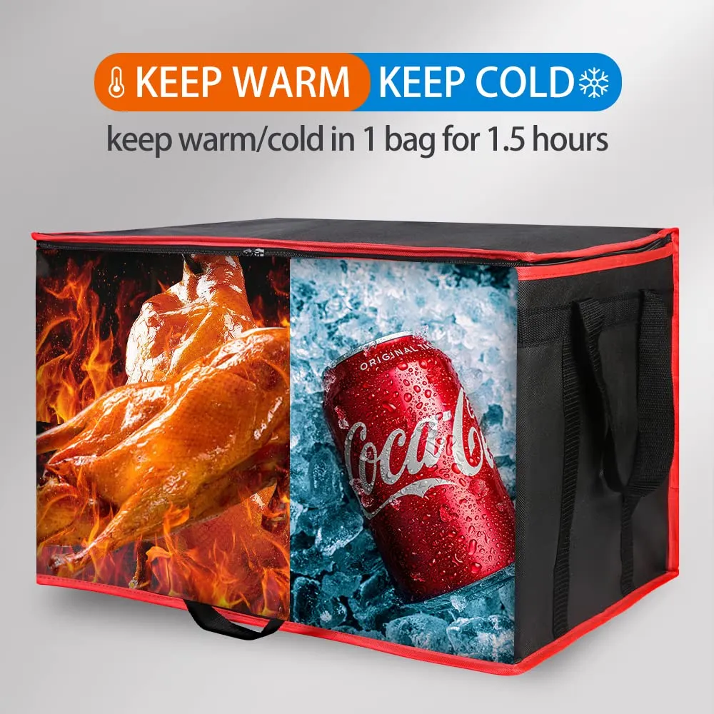 Bodaon Insulated Food Delivery Bag - Hot & Cold Meal Carrier, Catering/Doordash Pizza Warmer, Grocery Tote, Cooler Bag for Parties (Black-Red, 1Pk)