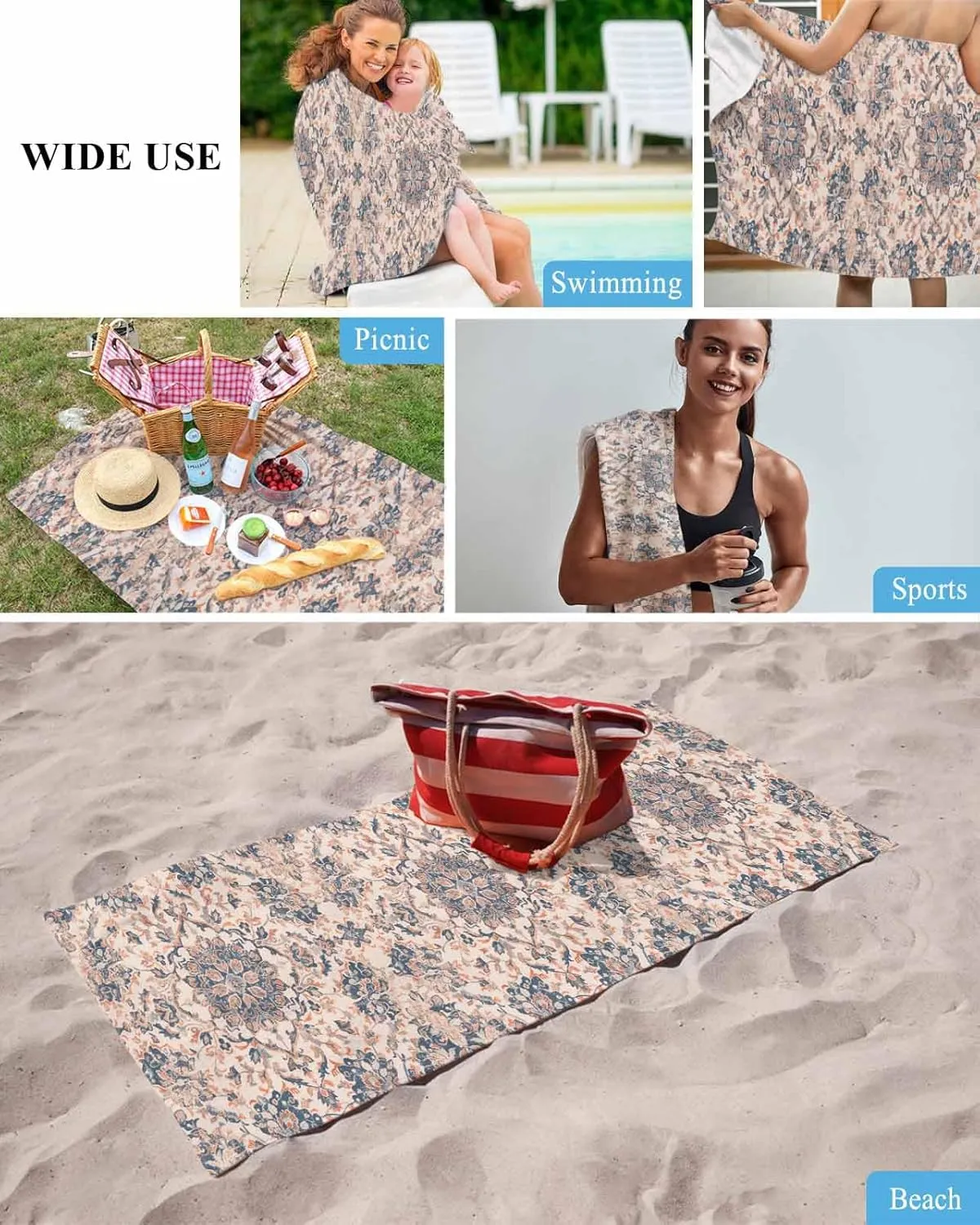 Bohemia Beach Towel 31"x61" Microfiber Beach Towels Oversized Sand Free Quick Dry Beach Towel/Bath Towels/Yoga Towel/Pool Towels/Travel Towel for Women Men Girls Kids-Ethnic Texture
