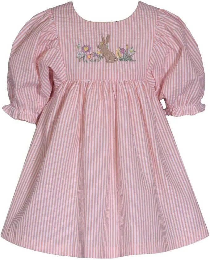 Bonnie Jean Girl's Easter Dress - Peach Stripe Bunny Dress for Baby Toddler and Little Girls