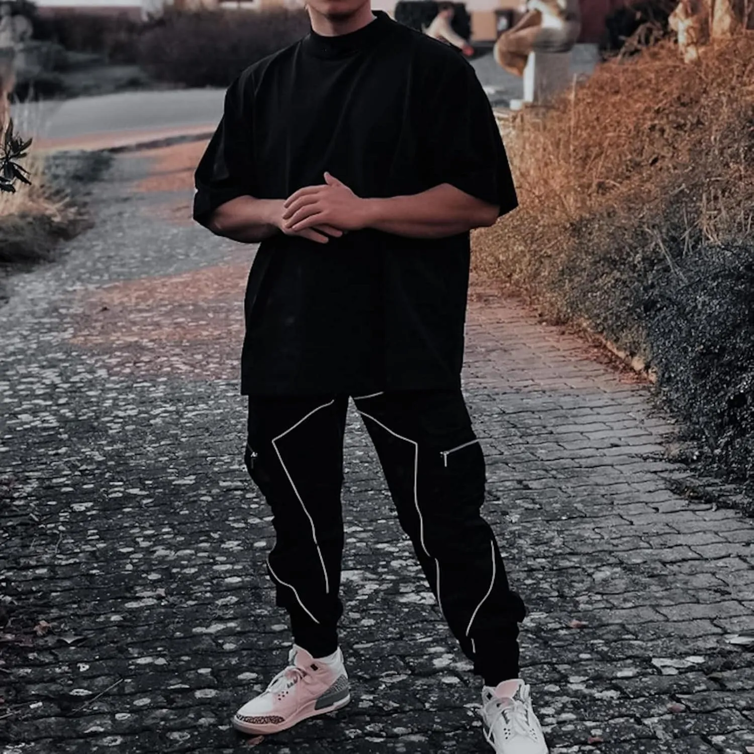 BOOMLEMON Men's Cargo Jogger Pants Reflective Technical Hip Hop Harem Pants Punk Streetwear Tactical Track Pants
