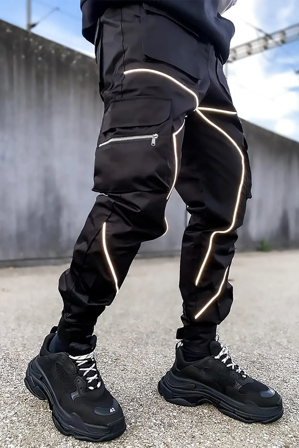 BOOMLEMON Men's Cargo Jogger Pants Reflective Technical Hip Hop Harem Pants Punk Streetwear Tactical Track Pants