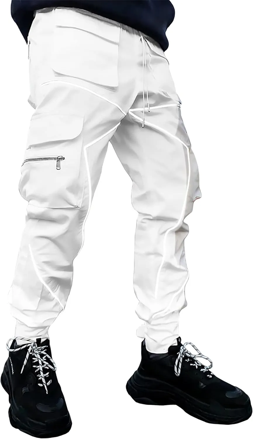 BOOMLEMON Men's Cargo Jogger Pants Reflective Technical Hip Hop Harem Pants Punk Streetwear Tactical Track Pants