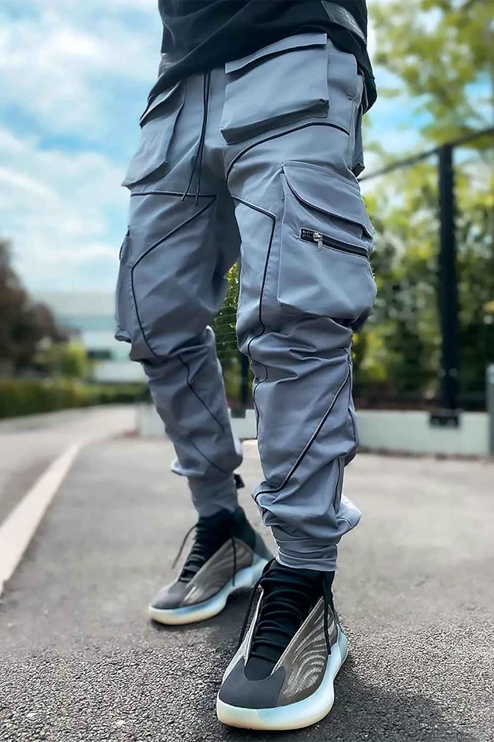 BOOMLEMON Men's Cargo Jogger Pants Reflective Technical Hip Hop Harem Pants Punk Streetwear Tactical Track Pants