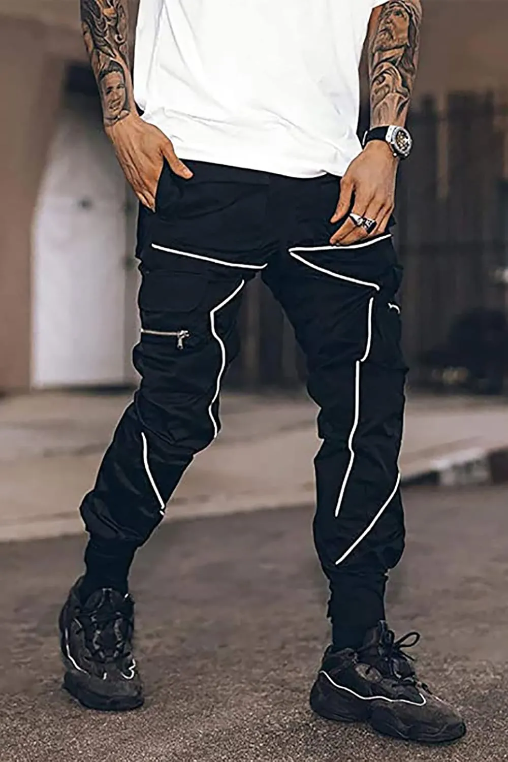 BOOMLEMON Men's Cargo Jogger Pants Reflective Technical Hip Hop Harem Pants Punk Streetwear Tactical Track Pants