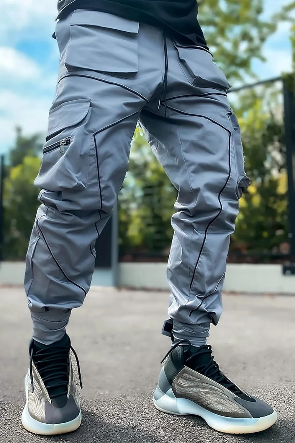 BOOMLEMON Men's Cargo Jogger Pants Reflective Technical Hip Hop Harem Pants Punk Streetwear Tactical Track Pants