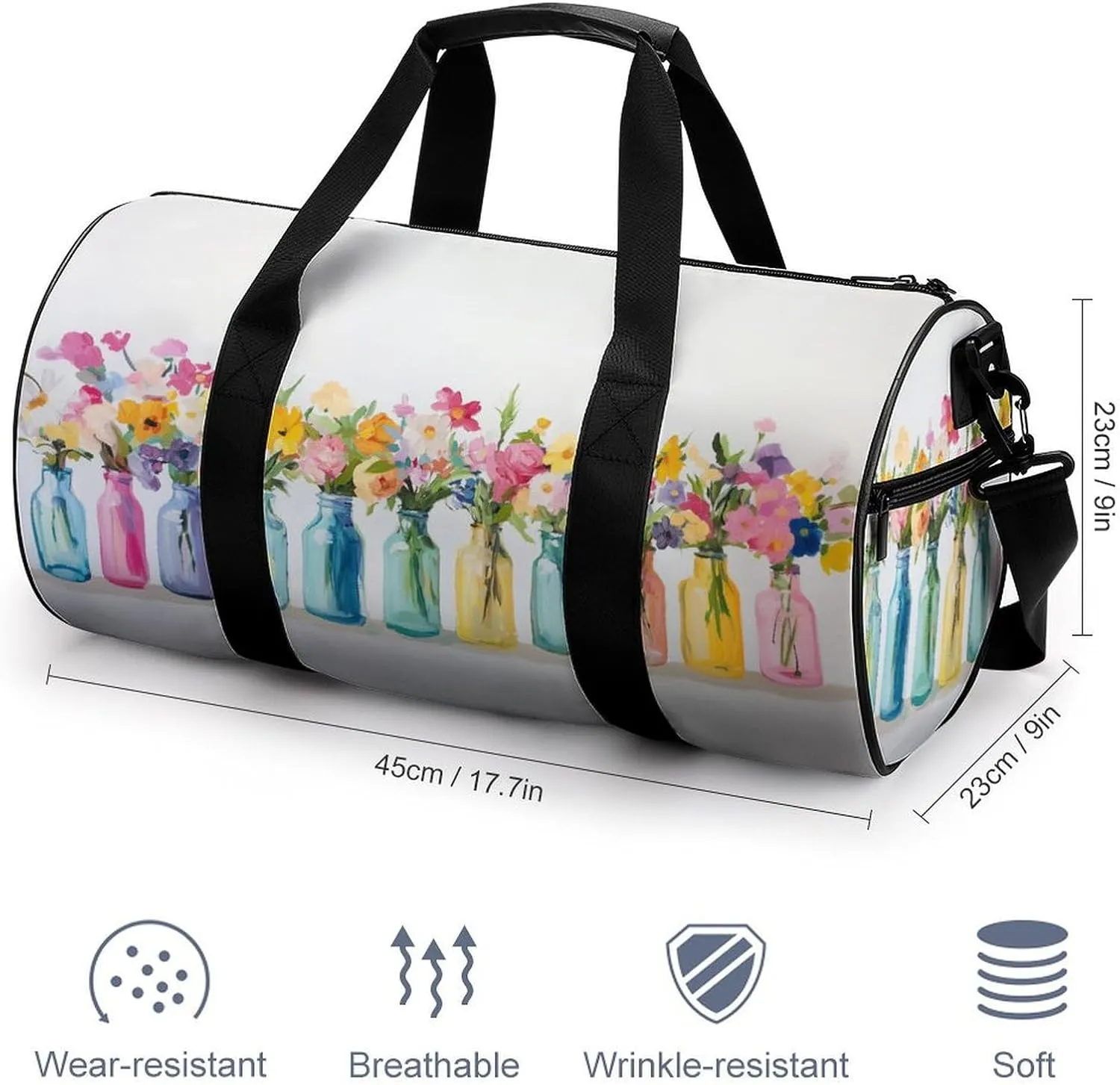 Bouquet of Flowers Bottles Travel Gym Bag for Women Men Cylindrical Duffle Bag Sport Workout Bag with Shoulder Strap