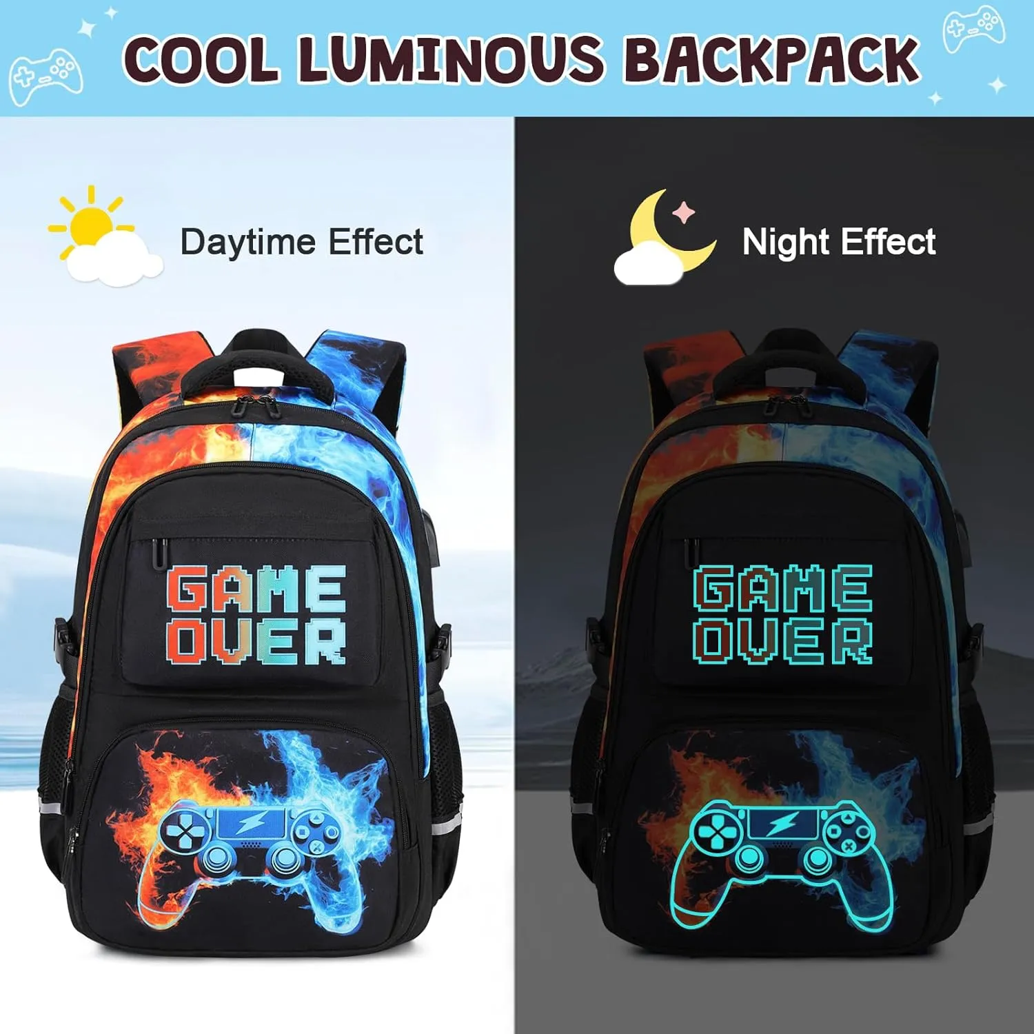 Boys Backpack for School, 3PCS Cool Luminous Backpack for Boys with Lunch Bag Pencil Case, Kids School Bookbag Teen Boys Backpacks for Kindergarten Elementary Middle School