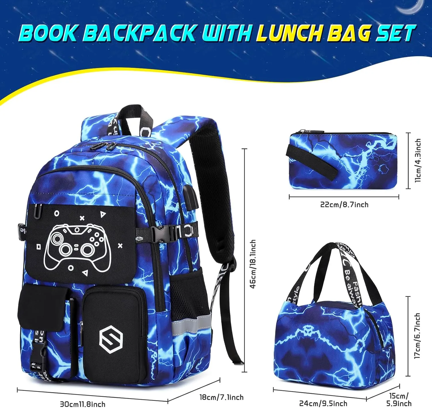 Boys Luminous School Backpack with Lunch Bag Pencil Case, Kids Kindergarten Elementary Middle School Book Bag for Teen Boys Children with USB Charging Port