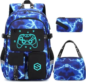 Boys Luminous School Backpack with Lunch Bag Pencil Case, Kids Kindergarten Elementary Middle School Book Bag for Teen Boys Children with USB Charging Port