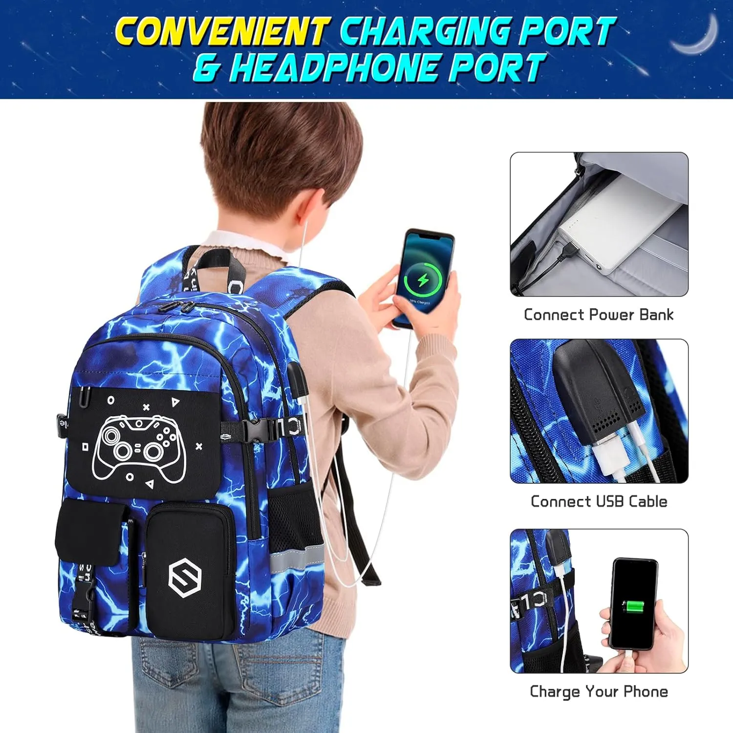 Boys Luminous School Backpack with Lunch Bag Pencil Case, Kids Kindergarten Elementary Middle School Book Bag for Teen Boys Children with USB Charging Port