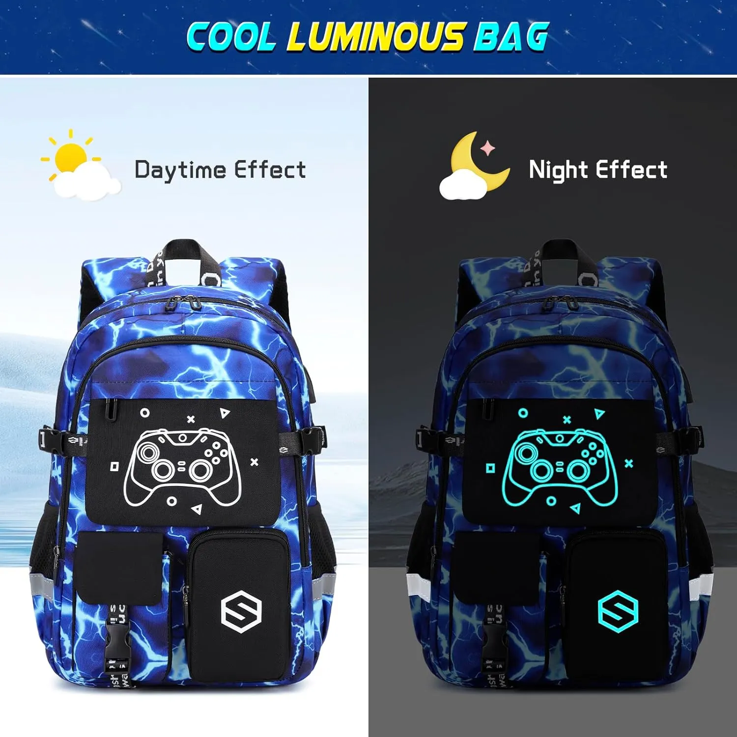 Boys Luminous School Backpack with Lunch Bag Pencil Case, Kids Kindergarten Elementary Middle School Book Bag for Teen Boys Children with USB Charging Port