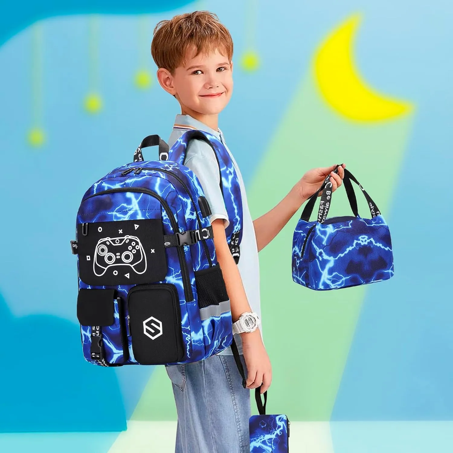 Boys Luminous School Backpack with Lunch Bag Pencil Case, Kids Kindergarten Elementary Middle School Book Bag for Teen Boys Children with USB Charging Port