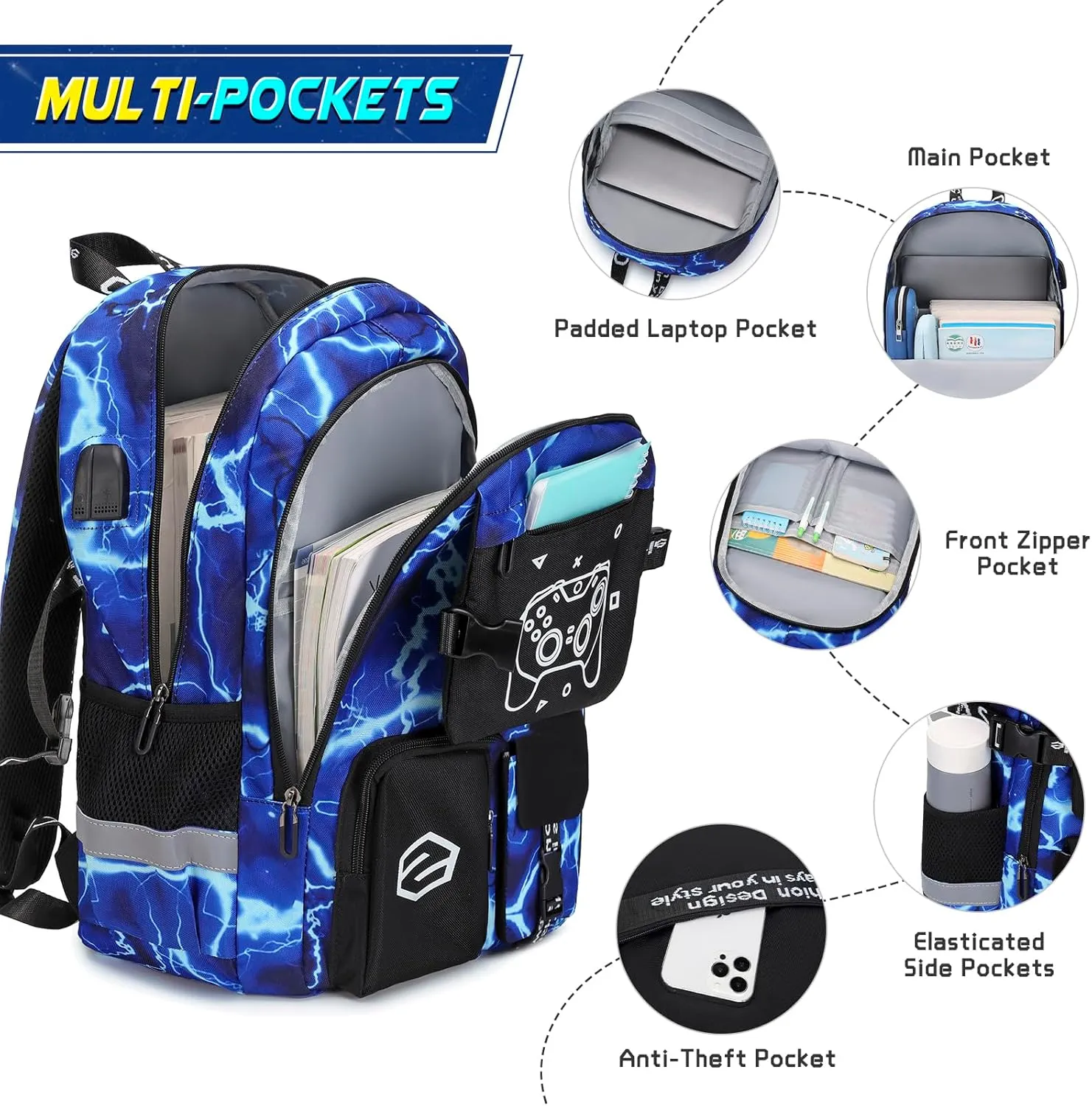 Boys Luminous School Backpack with Lunch Bag Pencil Case, Kids Kindergarten Elementary Middle School Book Bag for Teen Boys Children with USB Charging Port
