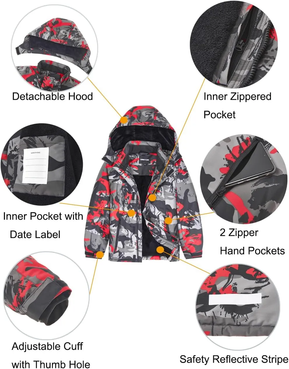 Boys Waterproof Ski Jacket Warm Winter Fleece Snow Coat Kids Outdoor Hooded Snowboard Jacket