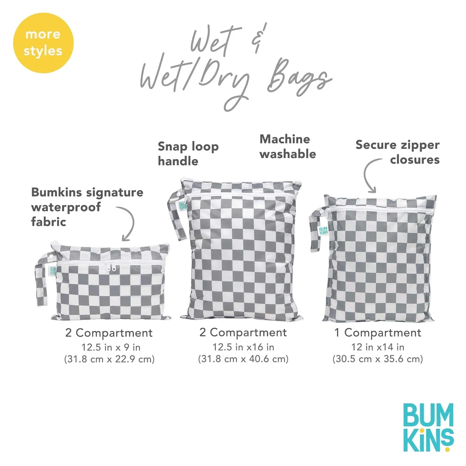 Bumkins Waterproof Wet Bag for Baby, Travel, Swim Suit, Cloth Diapers, Pump Parts, Pool, Beach, Gym Clothes, Toiletry, Hook to Stroller, Daycare, Zipper Reusable Wetdry Packing Pouch, Black Check