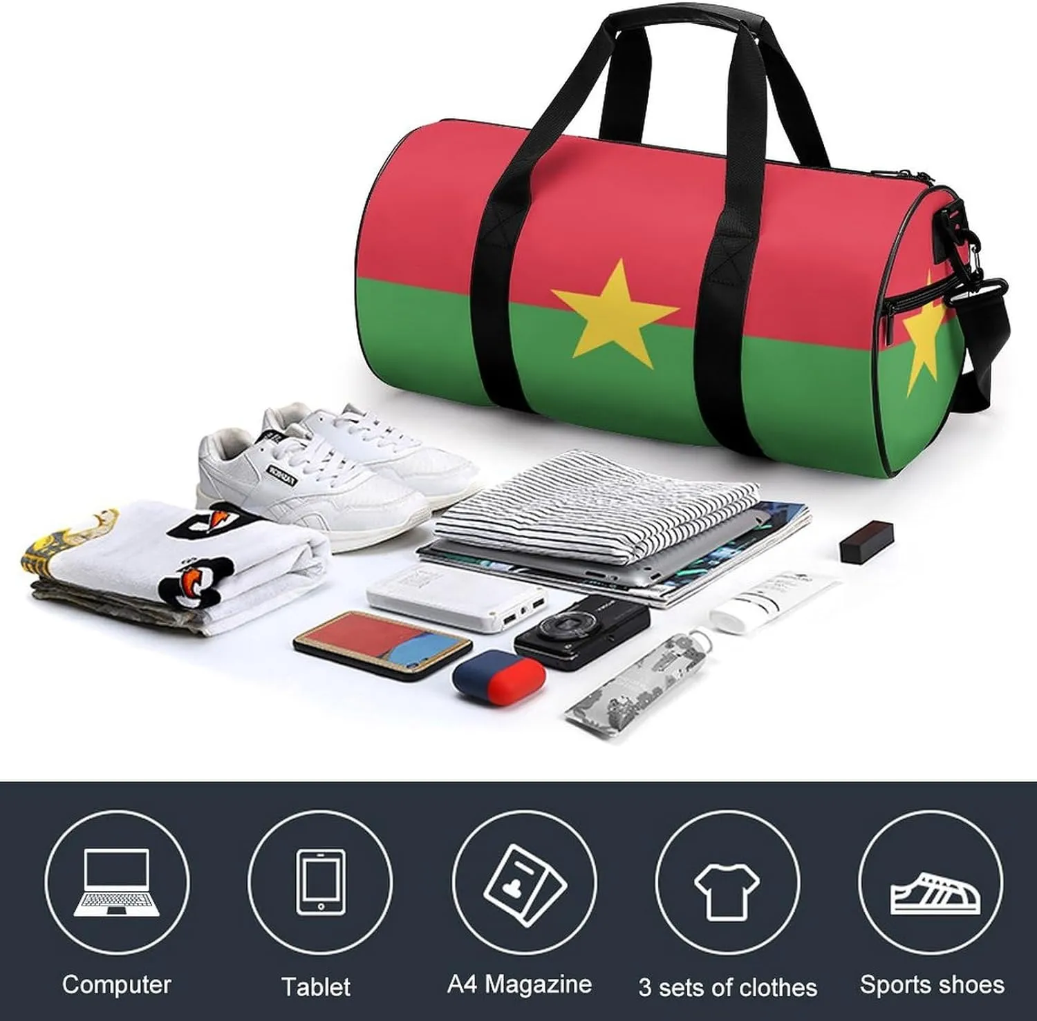 Burkina Faso Flag Large Capacity Gym Bag for Women Men with Wet Pocket Travel Duffel