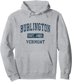 Burlington Vermont VT Vintage Sports Design Navy Print Pullover Hoodie